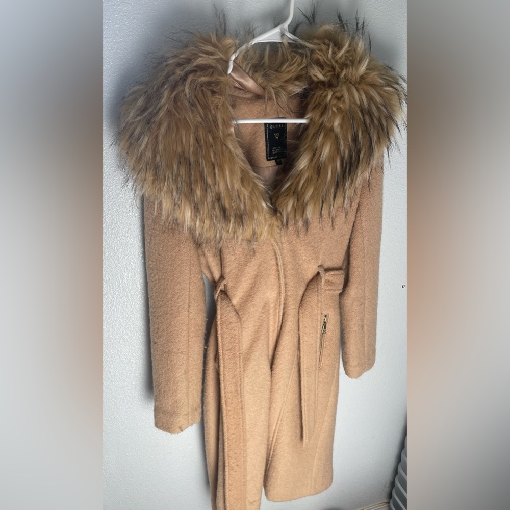 Guess tan pea coat with faux fur